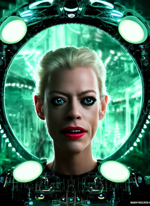 Image similar to 35mm portrait of a 7 of 9 borg with eye implant, on the background of a weird magical mechanical forest. Round gears visible inside her hear. Very detailed 8k. Fantasy cyberpunk horror. Sharp. Cinematic post-processing