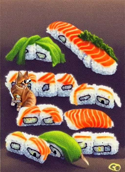 Image similar to clear photorealistic picture of adorable cats made out of sushi