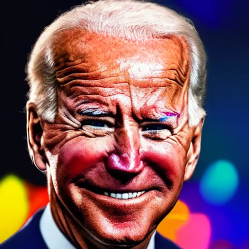 Prompt: Joe Biden with colorful clown makeup all over his face