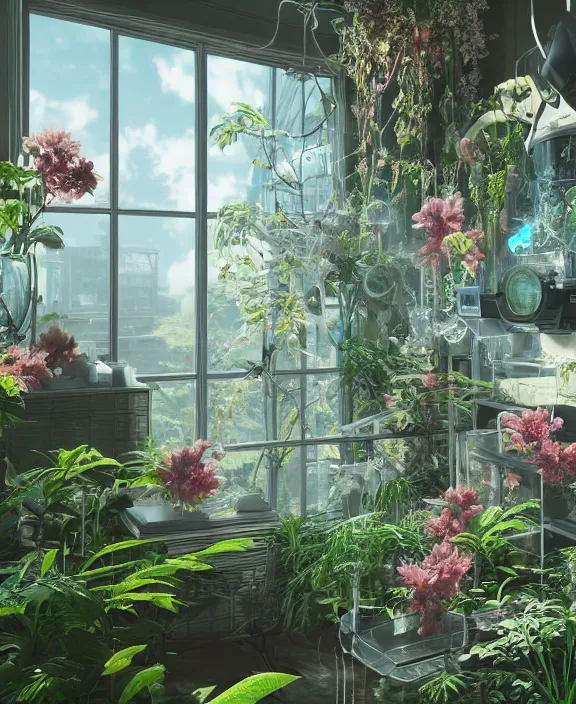 Image similar to intricate transparent clear see - through image of medical equipment, lush botany, floral environment, ultra realistic, concept art, pop art, photorealistic, octane render, 8 k, unreal engine. art by nori inoguchi and sam kaplan and zachary goulko and christopher marley