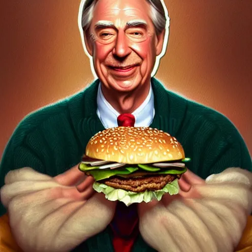 Prompt: portrait of Mr. Rogers sucking on a hamburger, extra onions and ketchup, luscious patty with sesame seeds, feminine ethereal, handsome, D&D, fantasy, intricate, elegant, highly detailed, hearthstone, digital painting, artstation, concept art, matte, sharp focus, illustration, art by Artgerm and Greg Rutkowski and Alphonse Mucha