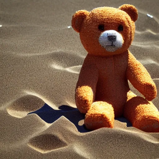 Image similar to a pixel art Teddy bear lounging on the beach