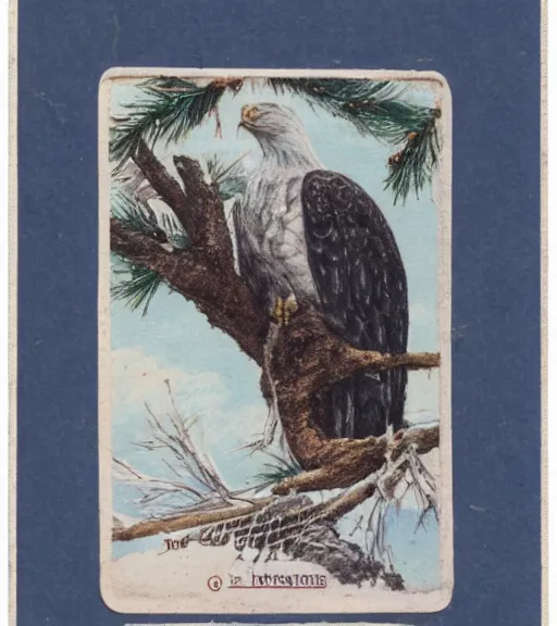 Prompt: tattered postcard of 'an eagle in the nest of a snowy pine tree'