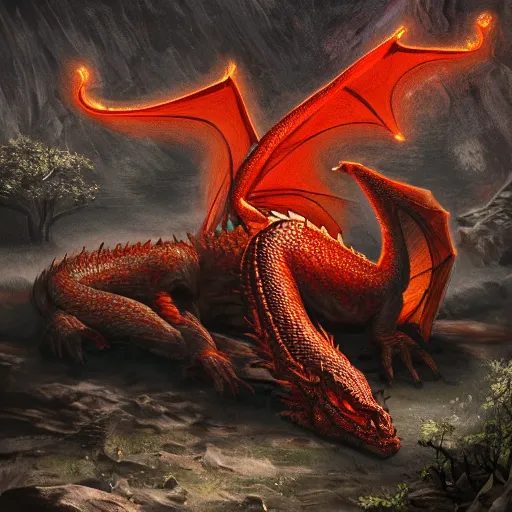 Prompt: photo of a large red scaly dragon sleeping on a giant pile of human bones in a dark dusty cave with a ray of light shining on it\'s face. Very detailed 8k. fantasy