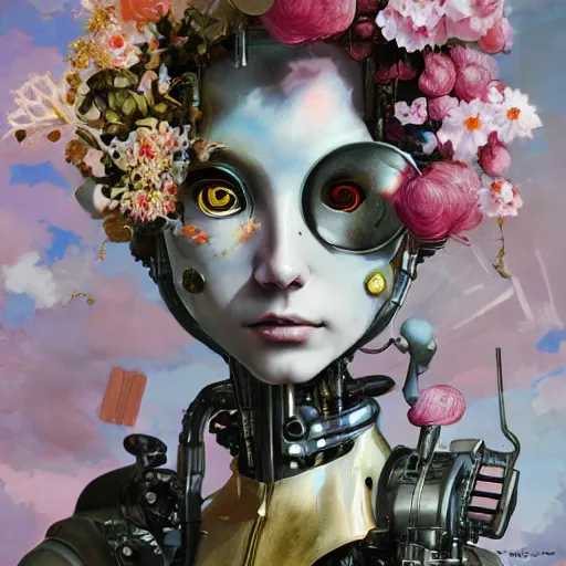 Prompt: surreal gouache painting, by yoshitaka amano, by ruan jia, by conrad roset, by good smile company, detailed anime 3 d render of a female mechanical android head with flowers growing out, portrait and white background, cgsociety, artstation, rococo mechanical costume and grand headpiece, dieselpunk atmosphere