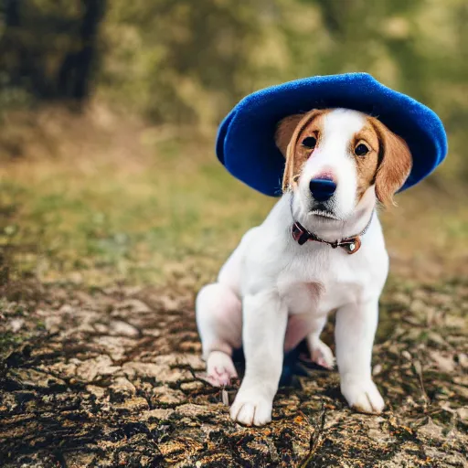 Prompt: a cute puppy wearing a hat, Canon EOS R3, f/1.4, ISO 200, 1/160s, 8K, RAW, unedited, symmetrical balance, in-frame