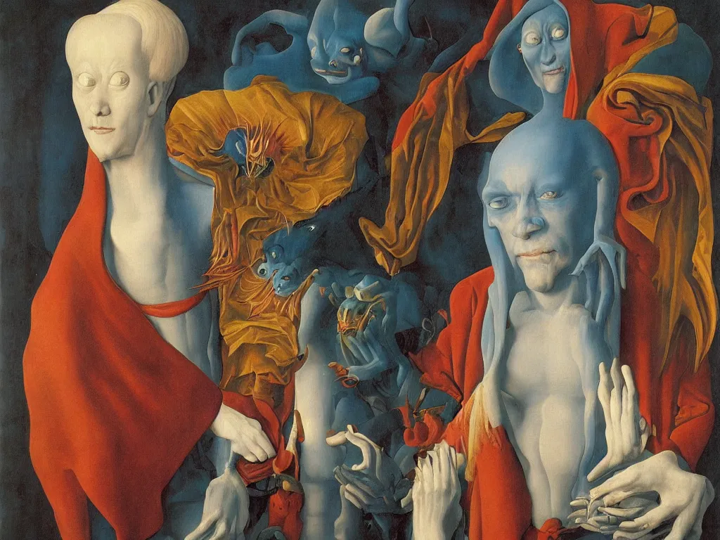 Prompt: Portrait of albino mystic with blue eyes, with demon, devil. Painting by Jan van Eyck, Audubon, Rene Magritte, Agnes Pelton, Max Ernst, Walton Ford