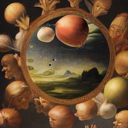 Image similar to an Onion floating in space, in the style of a renaissance painting