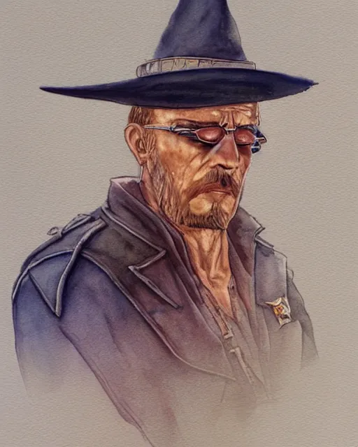 Image similar to a oil / watercolor painting full body character portrait of a sheriff / wizard in the style of moebius in the style of leonard boyarsky trending on artstation deviantart pinterest detailed photorealistic highlights and shadow hd 8 k post - processing high resolution