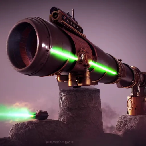 Image similar to a steampunk laser canon firing, octane render, highly detailed, trending on artstation,