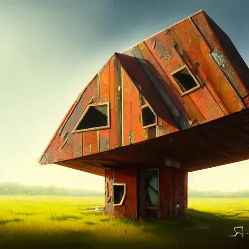 Image similar to a walking wood and metal house with two legs and one big eye, rust, hyperrealistic, highly detailed, cinematic, single ray of sun, morning, pareidolia, gravity falls style, beautiful, cgssociety, artstation, 8 k, oil painting, digital art