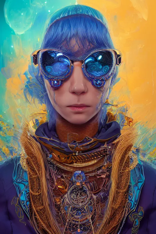 Image similar to Portrait of a psychedelic sci-fi shaman, third person, D&D, sci-fi fantasy, intricate, blue and gold, highly detailed , art by Range Murata, highly detailed, 3d, octane render, bright colors, digital painting, trending on artstation, sharp focus, illustration style of Stanley Artgerm,