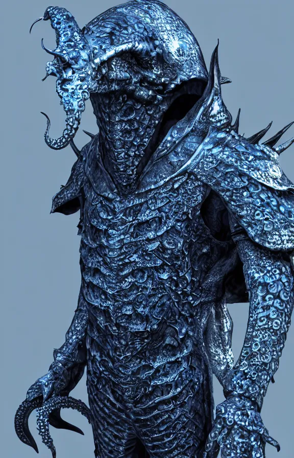 Image similar to detailed hypperrealistic artstation render, full body front view of a scaly black cloaked man, wearing a metallic blue squid mask. he holds in his hand a large knights blue greatsword, in addition tentacles emerge from his back like wings