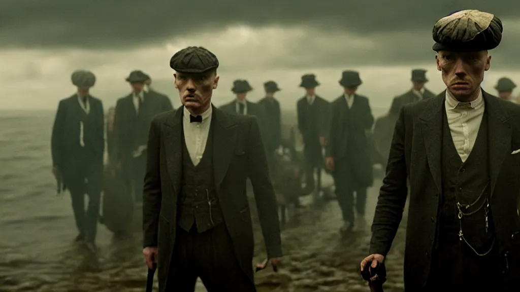 Prompt: the peaky blinders with fish heads coming out of the ocean film still from the movie directed by denis villeneuve with art direction by zdzis
