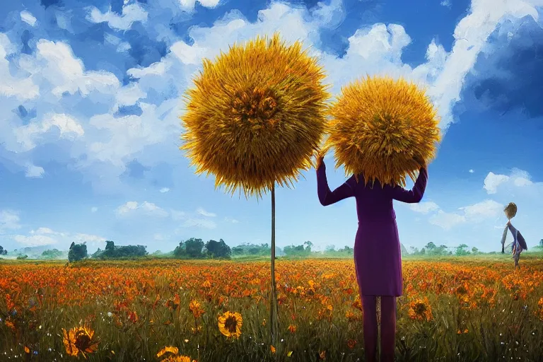 Prompt: giant thistle flower head, a girl in a suit in field of flowers, surreal photography, sunrise, blue sky, dramatic light, impressionist painting, digital painting, artstation, simon stalenhag