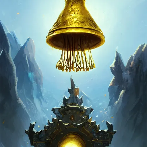 Image similar to a holy giant ringing bell made of gold, yellow theme, bright art masterpiece artstation. 8 k, sharp high quality artwork in style of jose daniel cabrera pena and greg rutkowski, concept art by tooth wu, blizzard warcraft artwork, hearthstone card game artwork, giant ringing bell