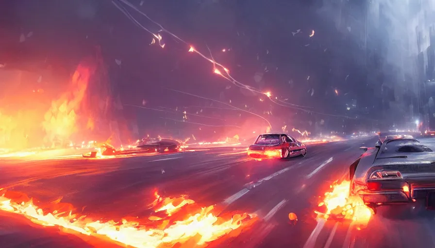 Prompt: falling highways with burning cars, movie scene, spectacular, hyperdetailed, artstation, cgsociety, 8 k