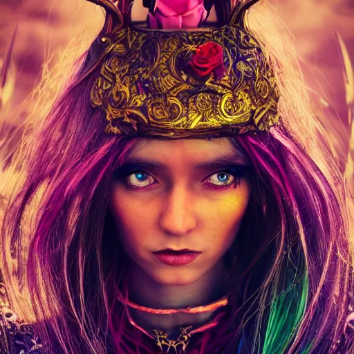 Image similar to a beautiful female human warlock portrait, focus on face, sharply focussed, brightly colored, dress, long blonde hair, fairy, fae, fantasy, medieval, still, photograph, highly detailed, trending on artstation, cinematic, dramatic