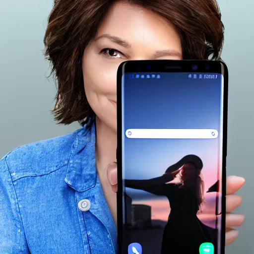 Prompt: a woman holding the new samsung galaxy s90 phone, concept art, photography
