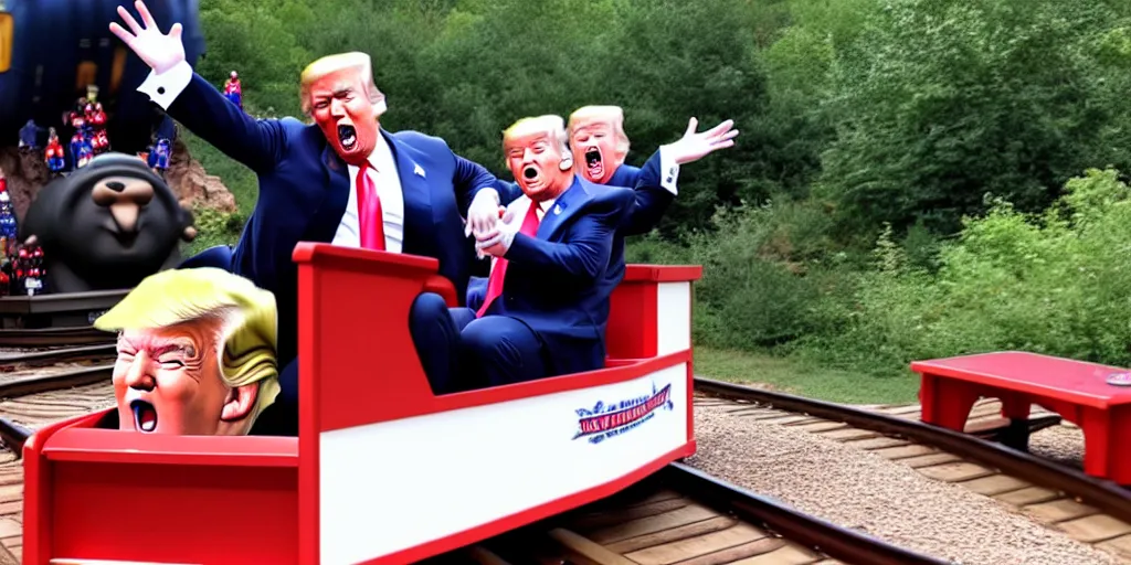 Image similar to Photo of Donald J. Trump falling off of a kiddy train, screaming, taken in Silver Dollar City