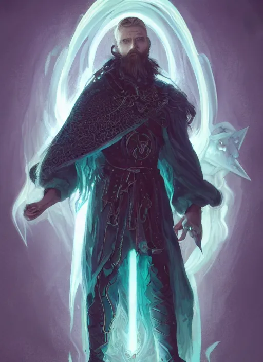Prompt: hexblade warlock aasimar, teal electricity, male, silver shaggy hair, short scruffy beard, cloak, white eyes, fantasy, extremely detailed, digital painting, artstation, concept art, smooth, sharp focus, illustration, stunning lighting, art by artgerm and greg rutkowski and alphonse mucha and simon stalenhag, realistic character concept, high fantasy, light atmosphere, golden ratio, cinematic lighting, hyperdetailed, high resolution, insanely detailed and intricate, artstation, Marc Simonetti, Greg Rutkowski, 8k, HD, unreal engine