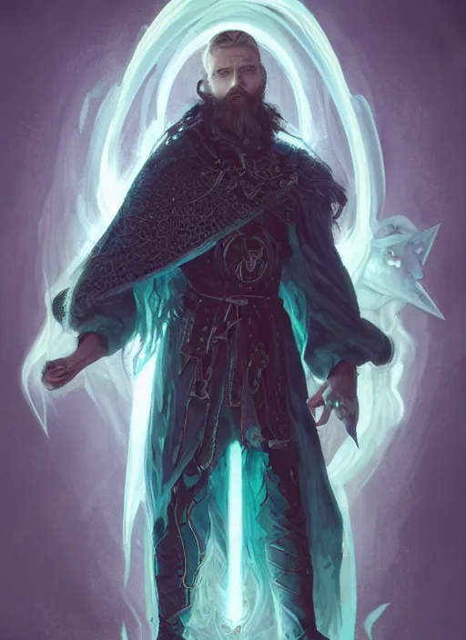 Image similar to hexblade warlock aasimar, teal electricity, male, silver shaggy hair, short scruffy beard, cloak, white eyes, fantasy, extremely detailed, digital painting, artstation, concept art, smooth, sharp focus, illustration, stunning lighting, art by artgerm and greg rutkowski and alphonse mucha and simon stalenhag, realistic character concept, high fantasy, light atmosphere, golden ratio, cinematic lighting, hyperdetailed, high resolution, insanely detailed and intricate, artstation, Marc Simonetti, Greg Rutkowski, 8k, HD, unreal engine