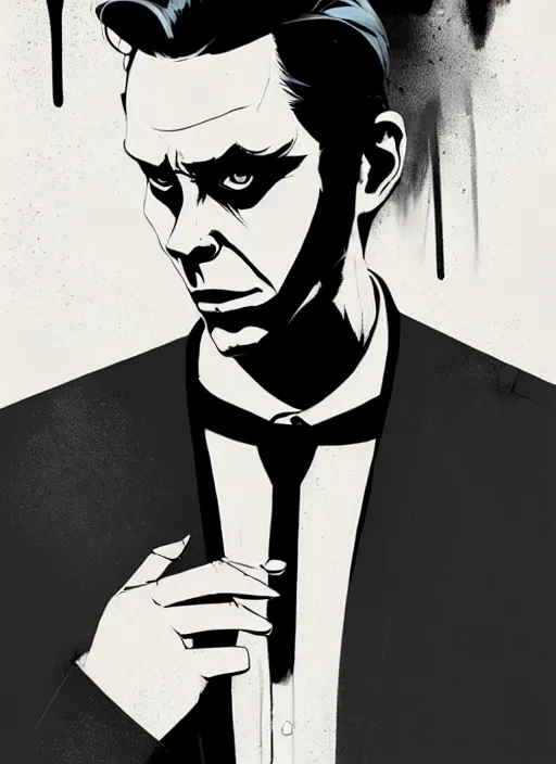 Image similar to highly detailed closeup portrait of sinister martin wallstrom, tyrell wellick, slick back hair wearing suit by atey ghailan, by greg rutkowski, by greg tocchini, by james gilleard, by joe fenton, by kaethe butcher, gradient blue, black and white only color scheme, grunge aesthetic!!! ( ( graffiti tag wall background ) )