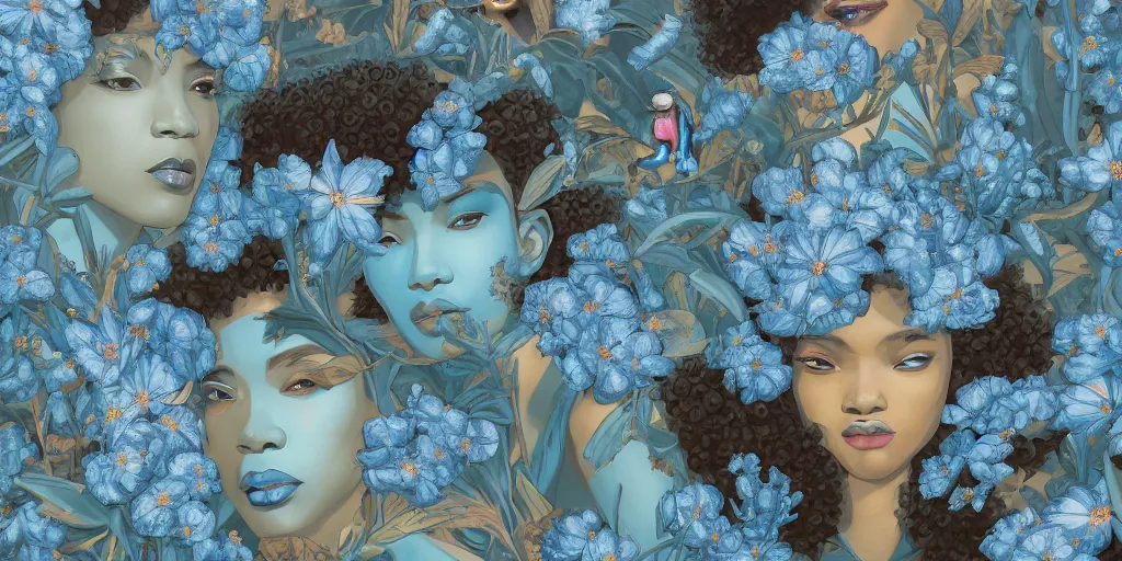 Image similar to breathtaking detailed concept art painting art deco pattern of afroamerican faces goddesses amalmation light - blue flowers with anxious piercing eyes and blend of flowers and birds, by hsiao - ron cheng and john james audubon, bizarre compositions, exquisite detail, extremely moody lighting, 8 k