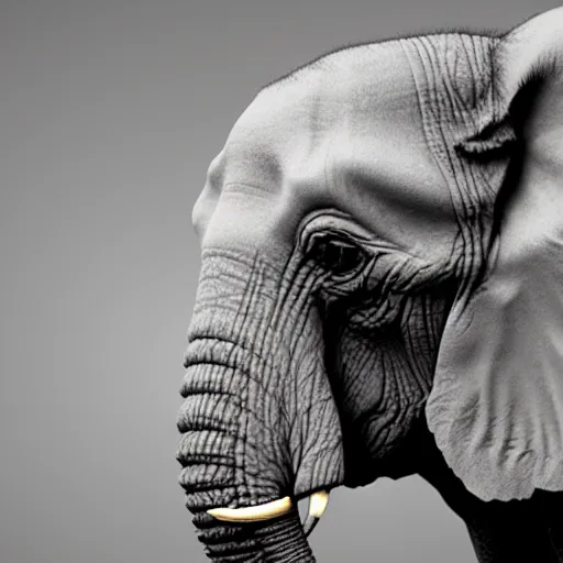 Image similar to elephant with horn in its head, ultra - realistic, elephant wrinkles, face close - up, 8 k.