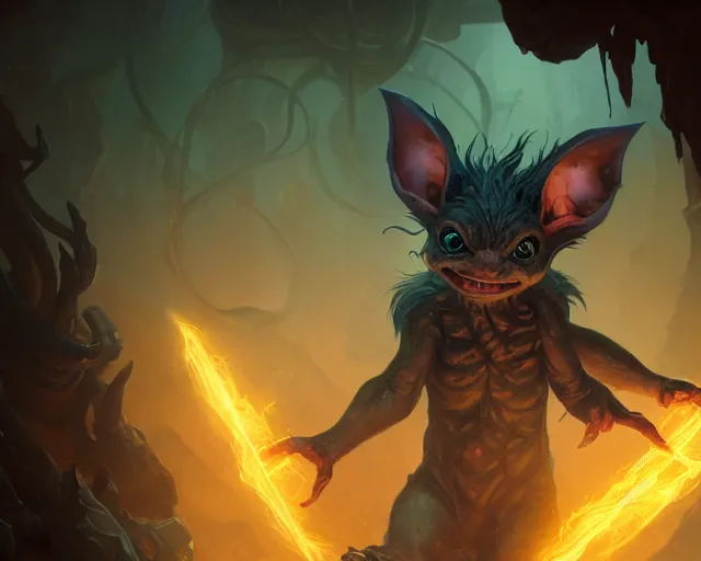 Image similar to a 4 k cinematic screenshot still portrait of a gremlin in a dark liminal space room surrounded by amber, deep focus, d & d, fantasy, intricate, elegant, highly detailed, digital painting, art station, concept art, matte, sharp focus, illustration, dark fantasy style art, hearthstone, art by artgerm and greg rutkowski and alphonse mucha