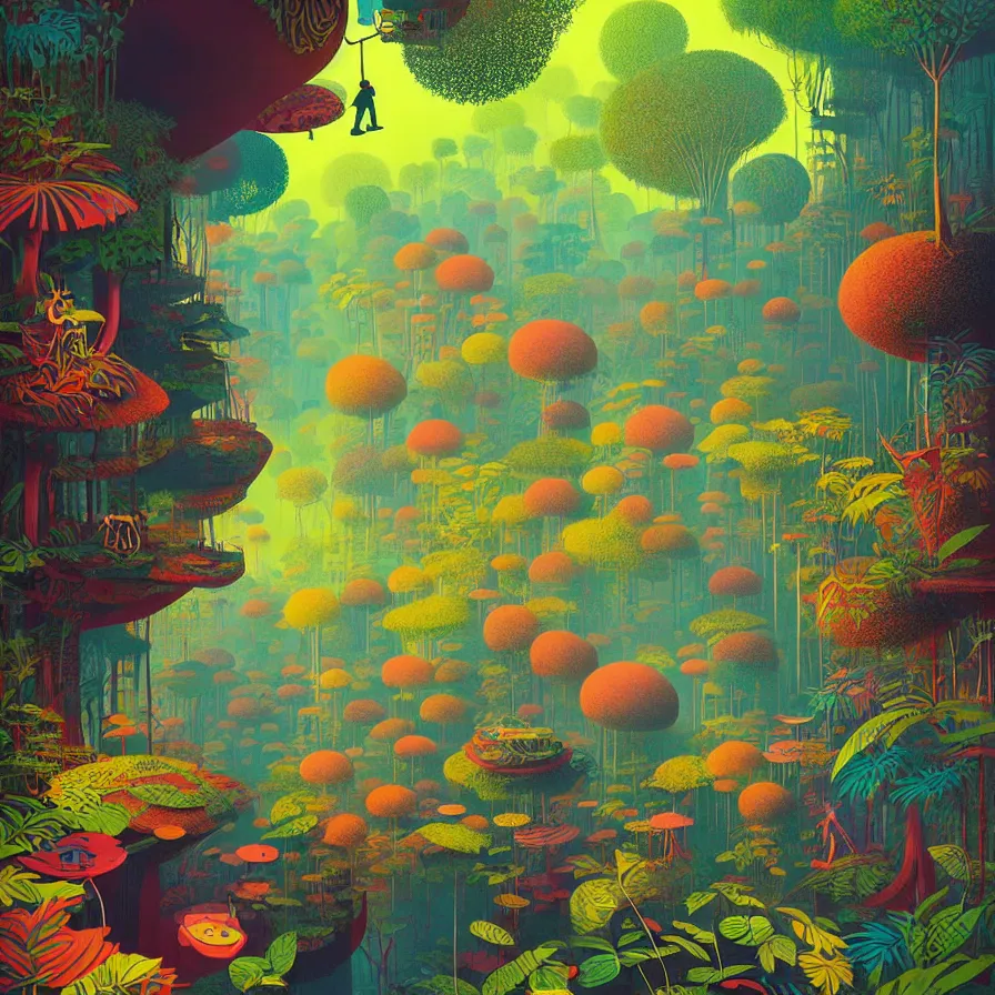 Image similar to surreal glimpse, malaysia jungle, sunny day, very coherent and colorful high contrast pastel art by gediminas pranckevicius james gilleard james gurney floralpunk screen printing woodblock, dark shadows, hard lighting, stippling dots, art nouveau