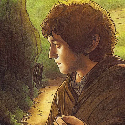 Prompt: frodo baggins in the shire In the style of moebius, detailed 4k photograph