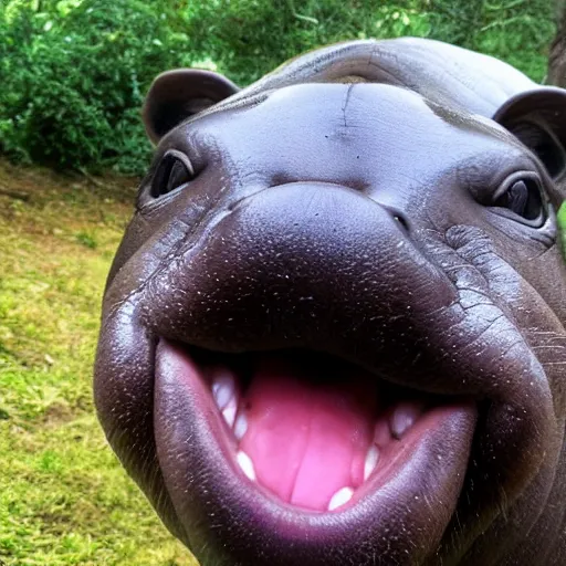 Image similar to A happy pygmy hippo taking a selfie