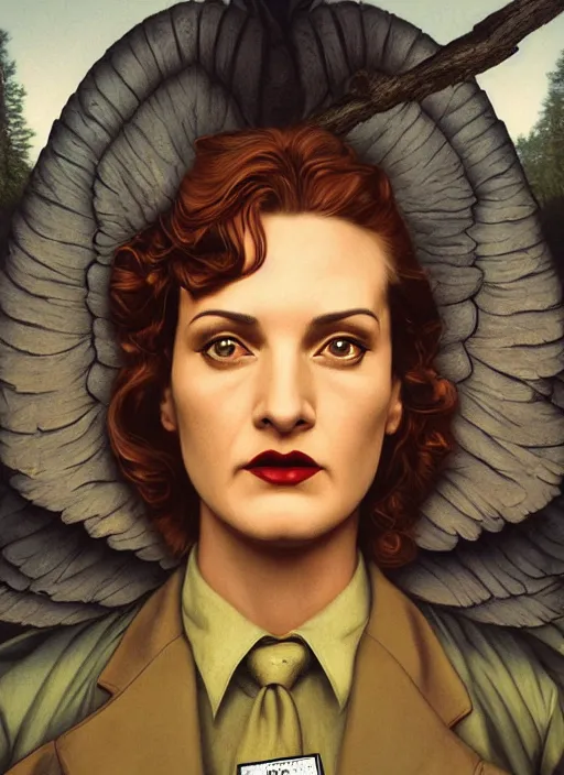 Image similar to twin peaks poster art, by michael whelan, rossetti bouguereau, artgerm, retro, nostalgic, old fashioned, kyle mclaughlin, large owl wings wrap around dale cooper