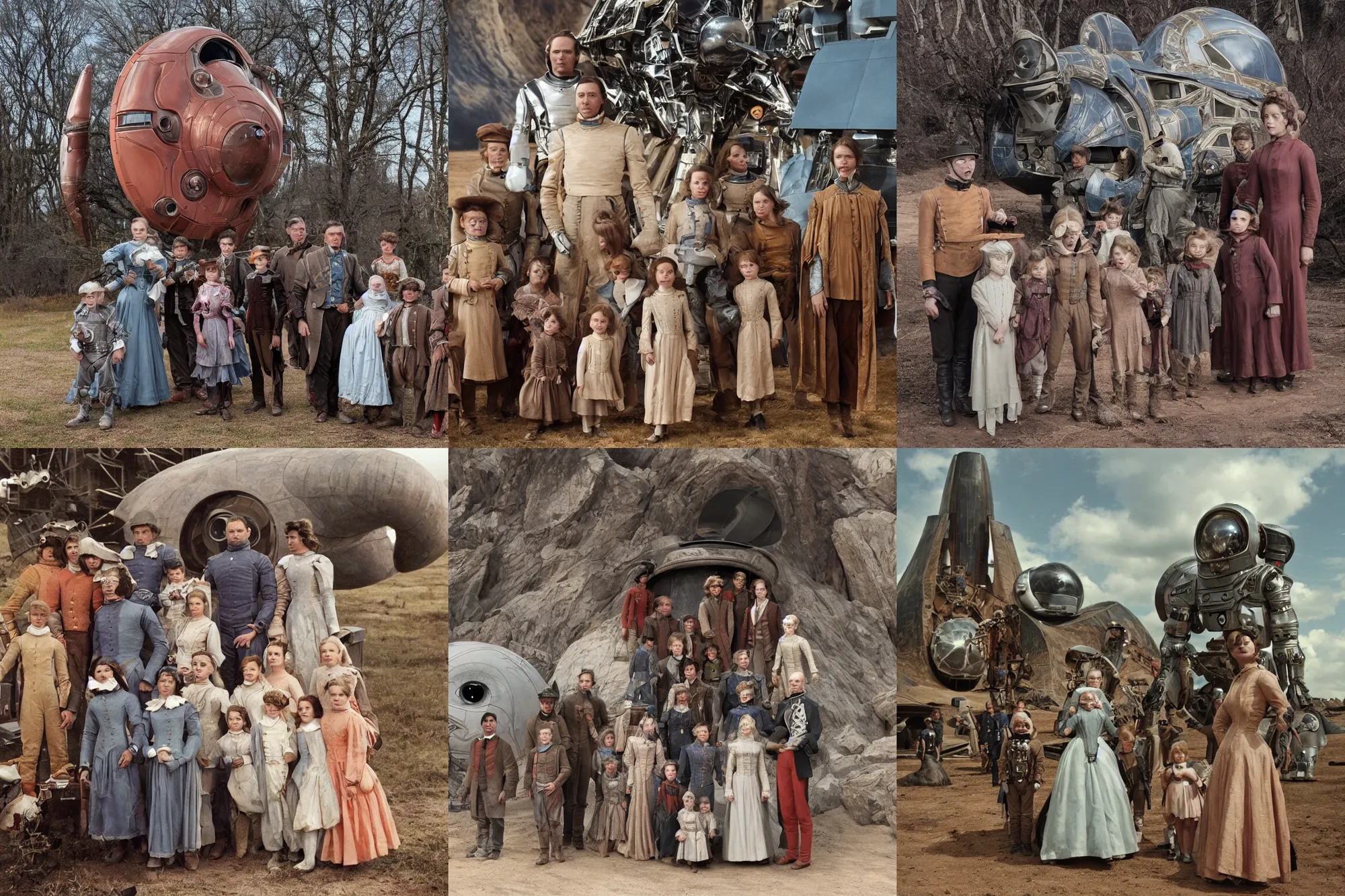Prompt: highly detailed, 2,097,152k film still from a sci fi blockbuster color movie made in 2019, set in 1860, of a family standing in front of a spaceship that has just landed on an alien planet, a humanoid alien creature stands nearby, the family are all wearing 1860s era clothes, good lighting, good photography, highly detailed faces