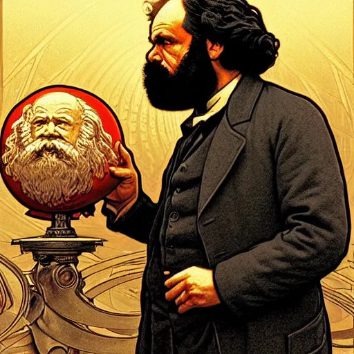 Image similar to Karl Marx pondering his orb, highly detailed, digital painting, artstation, concept art, smooth, sharp focus, illustration, art by todd lockwood and magalie villeneuve and alan lee and artgerm and greg rutkowski and alphonse mucha