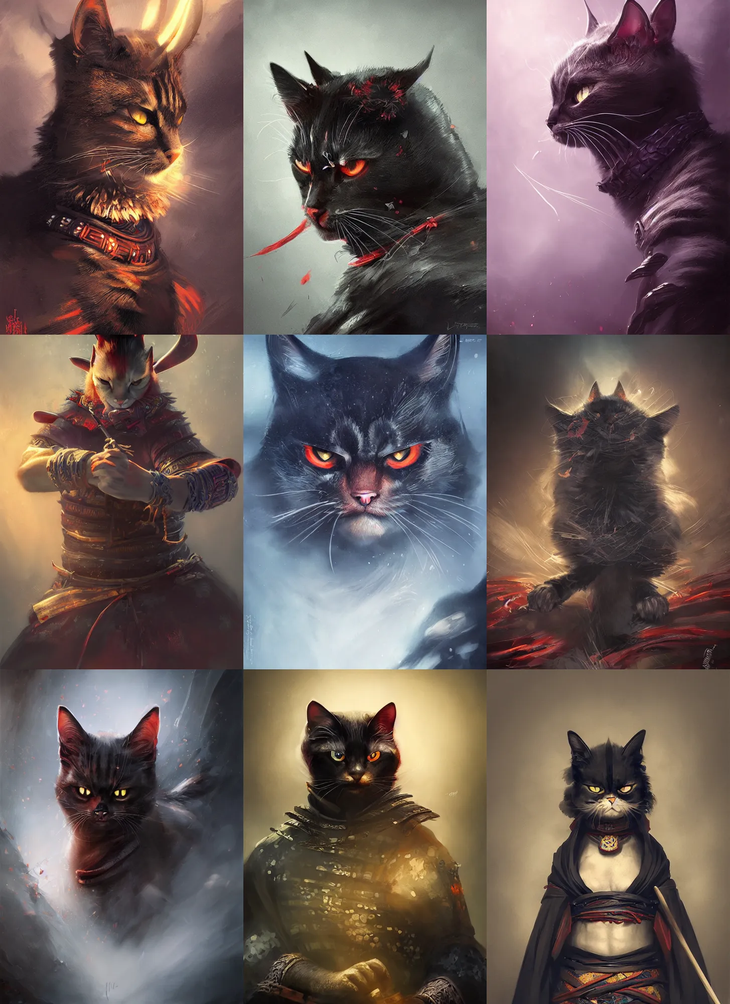 Prompt: Samurai cat, vivid colors, dark shadows, contrast, concept art, sharp focus, digital art, Hyper-realistic, 4K, Unreal Engine, Highly Detailed, Dramatic Lighting, Beautiful, by Brom, bastien lecouffe-deharme