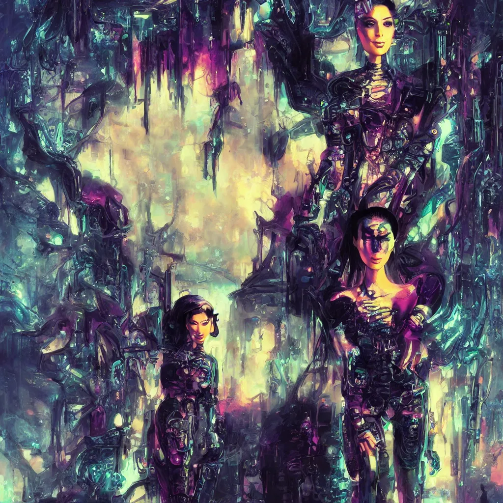 Prompt: fashionable photo of kim kardashian in futuristic goth make - up, cute, cyberpunk, pastel colors, highly detailed, vibrant painting, volumetric light, petite, by bruce pennington, by wayne barlowe, by takashi murakami, by john berkey