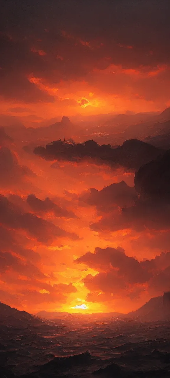 Prompt: A painting of a sunset trending on artstation in the style of Greg Rutkowski