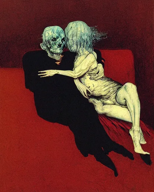 Prompt: an old dead couple sitting on an old couch in an old apartment watching a dog engulfed in flames,  Francisco Goya painting, part by Beksiński and EdvardMunch. art by Takato Yamamoto, Francis Bacon masterpiece