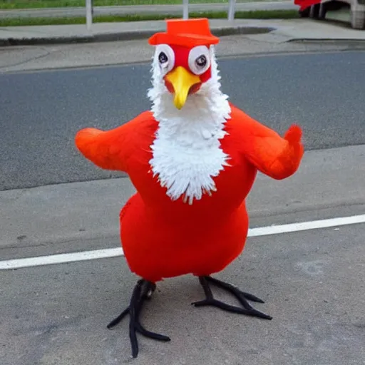 Image similar to chicken dressed as an inmate, real photo