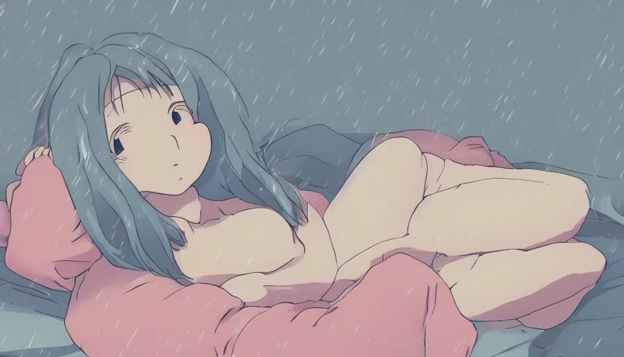 Prompt: girl laying on bed, rainy day, anime, ghibli, 9 0 s, retro style, aesthetic, pastel color