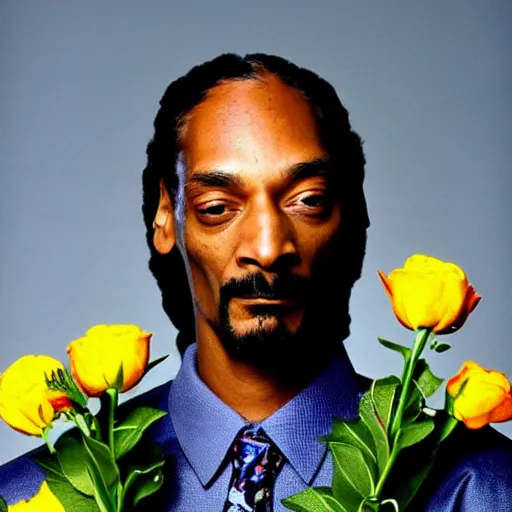 Prompt: Snoop Dogg holding a Vase of flowers for a 1990s sitcom tv show, Studio Photograph, portrait, C 12.0