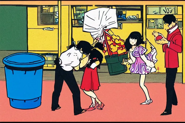Image similar to a guy putting a dustbin over the head of a girl, in the style of Takahashi, Rumiko