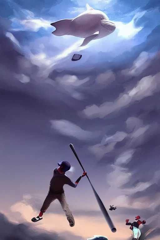 Image similar to people playing baseball while whales fly in the sky, digital art, artstation trending, digital painting