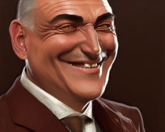 Image similar to close up of ernie sabella smiling wearing a brown suit and necktie, focus, d & d, intricate, elegant, highly detailed, digital painting, artstation, concept art, matte, sharp focus, illustration, hearthstone, art by artgerm and greg rutkowski and alphonse mucha