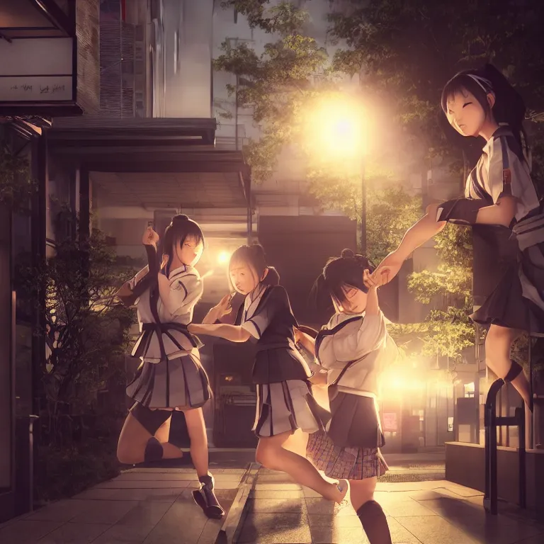 Image similar to two japanese schoolgirls fighting behind a 7 - 1 1 at night, intricate details, complementary lighting, detailed face, backlighting, octane render, raytraced, depth of field, extremely detailed, trending in artstation, focus on face, sharp focus, radiant light, beautiful composition, yihao ren, zochi, zero - hour, jean paul fiction