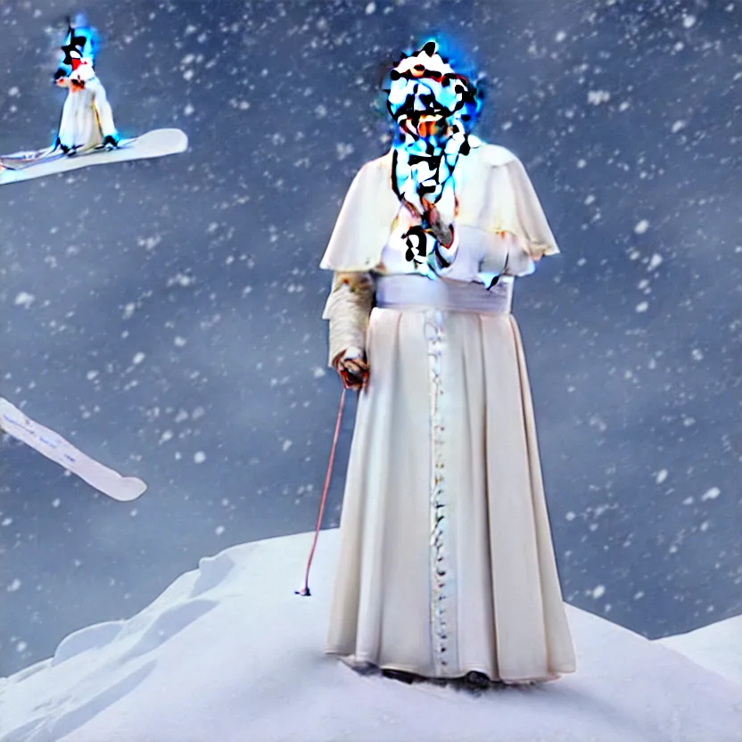 Prompt: pope benedict standing on a snowy mountain slope. skiing. wearing long white dress. blessing with the hand. detailed cloth, detailed face. concept art. matte painting