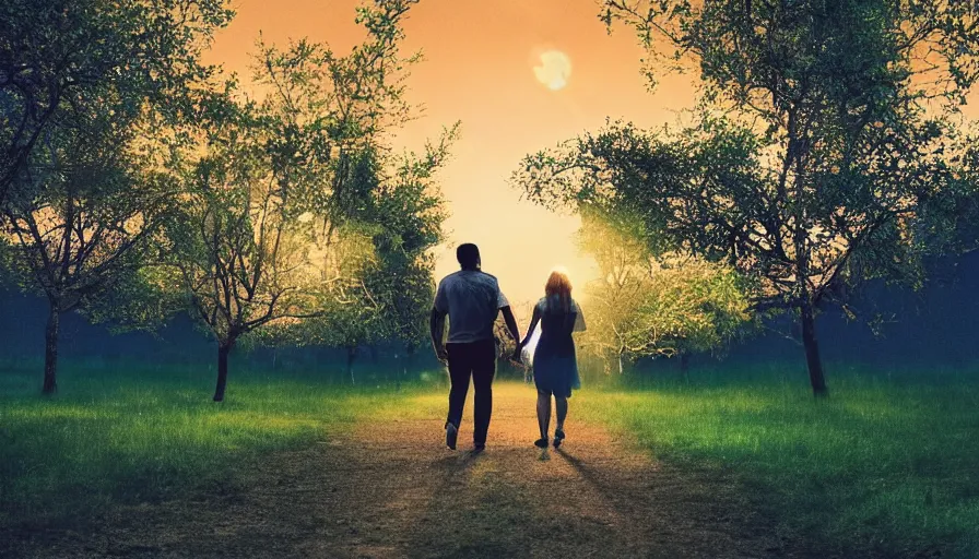 Image similar to a couple walking in the middle of fireflies the color of the moon, cinematic lighting, wow, establishing shot