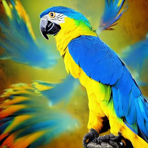 Prompt: surrealist blue parrot bird morphing with liquids, motion fluid style, natural background, leaves moving, detailed scene, feathers and smokes, yellow and blue color scheme